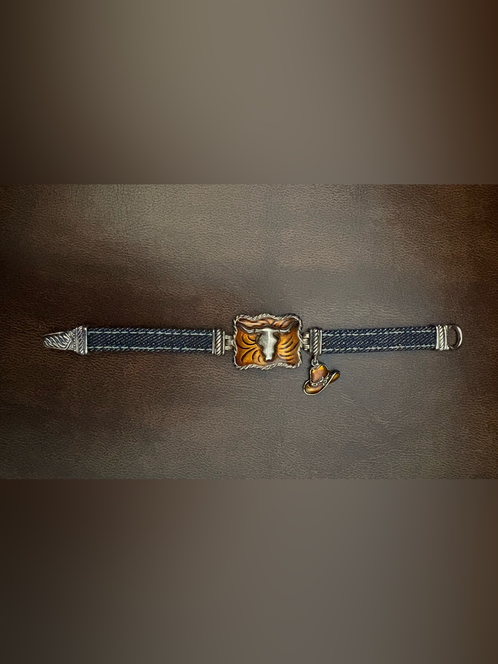 Women’s Western Enameled Silver Tone Longhorn Hat Denim Bracelet Magnetic Close